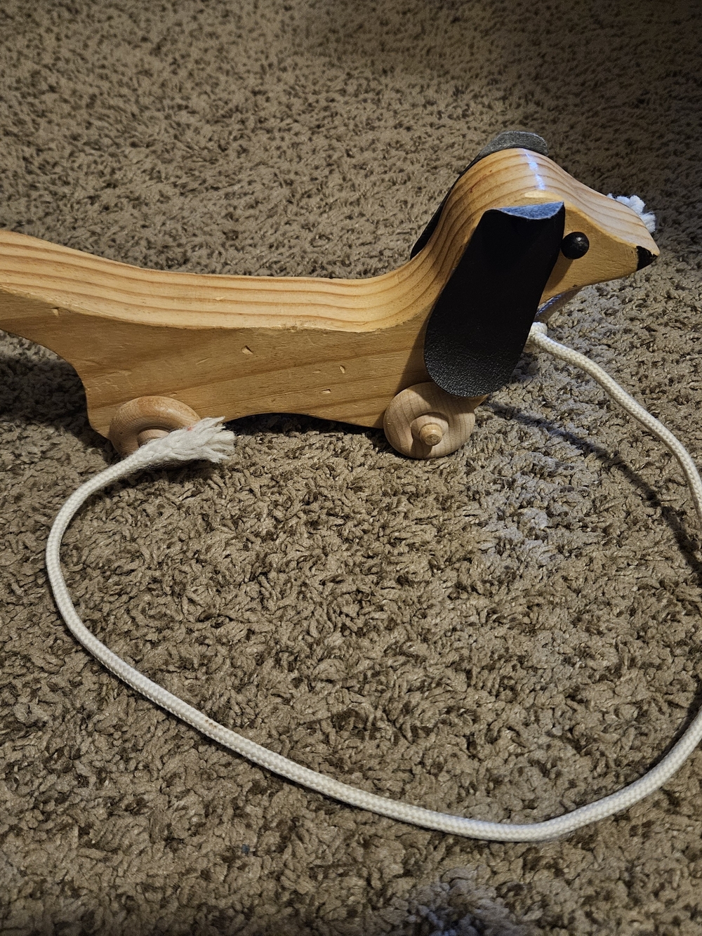 Natural Wood Dachshund Pull Toy with Black Ears